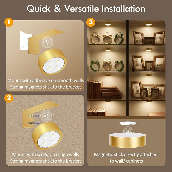 Picture Lights for Wall, Rechargeable Battery Wireless Poster Lights, Gold | LED Magnetic Painting Light with Remote Dimmable, Timer＆3 Lighting Modes, Wall Decor Puck Light for Frame Art Display, 3 Pack - Image 8