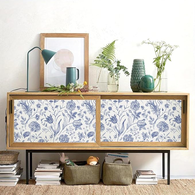White and Blue Floral Peel and Stick Wallpaper Vintage 17in x 118in | Botanical Wallpaper Vintage Contact Paper Black Flower Removable Wall Paper for Bathroom Bedroom Boho Self Adhesive Vinyl - Image 3