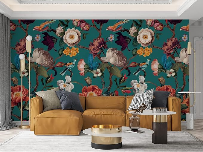 Zeeko Vintage Blue Floral Peel and Stick Wallpaper Mural, 98" x 59" | Large Flower Art Deco Wall Murals, Ideal for Bedroom TV Background Wall Paintings, Home Decor - Image 2