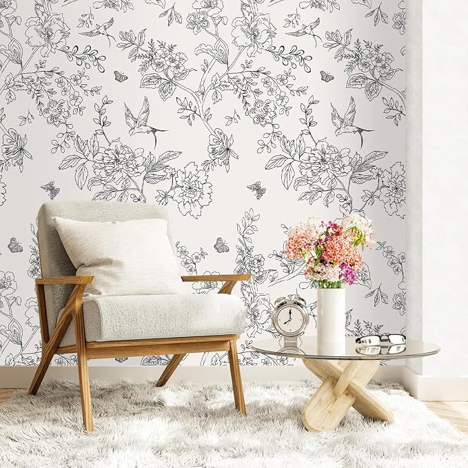 Froluya Black and White Floral Wallpaper Peel and Stick 17.7in×393.7in | Vintage Floral Contact Paper Boho Flowers Birds Removable Self Adhesive Decorative Wallpaper for Bathroom Cabinets - Image 3