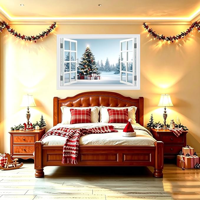 Fake Window Wall Decal - Christmas Tree Gift Winter Wall Art Poster Mural | ｜Faux Window Snow Snowfield Landscape Mural ｜ Stick and Peel Wall Decals｜for Xmas Room Office Decor｜48"x32",Set of 2 Sheets - Image 5
