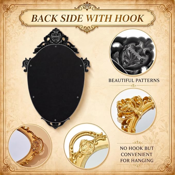 Beeveer 3 Style Vintage Mirrors Set Decorative Oval Wall Mirror Small Antique Mirrored Tray Decorative Hanging Mirror for Bathroom Bedroom Jewelry Organizer Victorian Decor (Shield,Gold) - Image 3