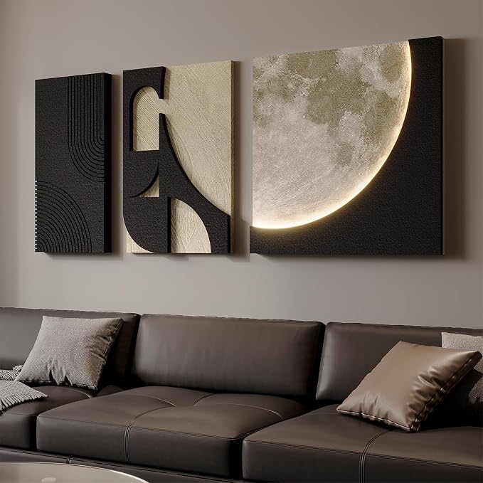 3D LED Wall Art with Moon Design, Lighted Abstract Wall Decor Set, 3 Piece | Warm LED Glow, Sandstone Textured Artwork for Walls, Black and Beige Tone, Paintings Wall Decor for Living Room Bedroom Entry - Image 2