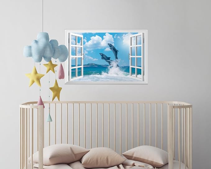 FLFK Fake Window Wall Sticker - Ocean Dolphins Faux Window Wall Mural for Wall Decor, Stick and Peel Wall Decals,24"x16" - Image 6