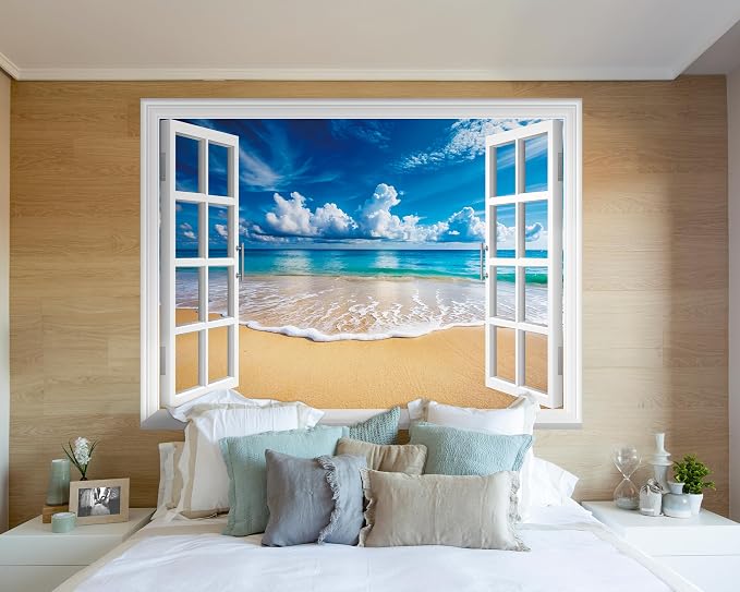 FLFK Fake Window Wall Mural - Ocean Beach Faux Window Wall Decal for Wall Decor, Peel and Stick Wall Sticker,80"x60",Set of 5 Sheets - Image 4