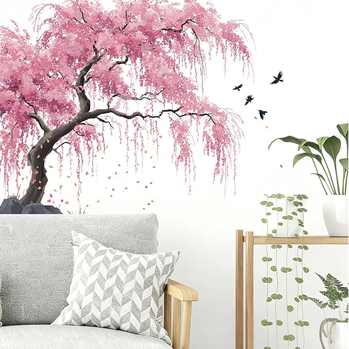 Cherry Blossom Tree Wall Decals Stickers, Watercolor Floral Wall Art Peel and Stick, Removable Vinyl Wall Decor for Bedroom, Living Room, Office, Home Decoration - Image 5