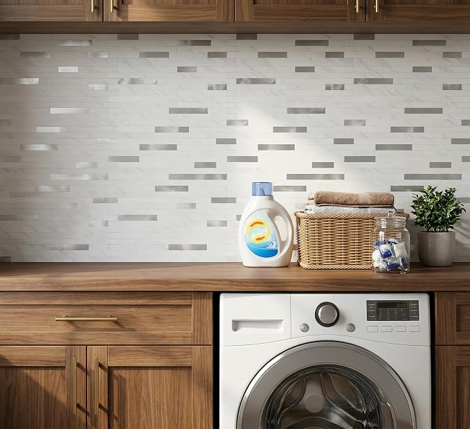 Yipscazo 20 Sheets Peel and Stick Stone Metal Tile Backsplash, Stick on Tiles for Backsplash Kitchen, Bathroom, Laundry Room, Camper, Fireplace (12'' X 12'', White Stone with Metal) - Image 4