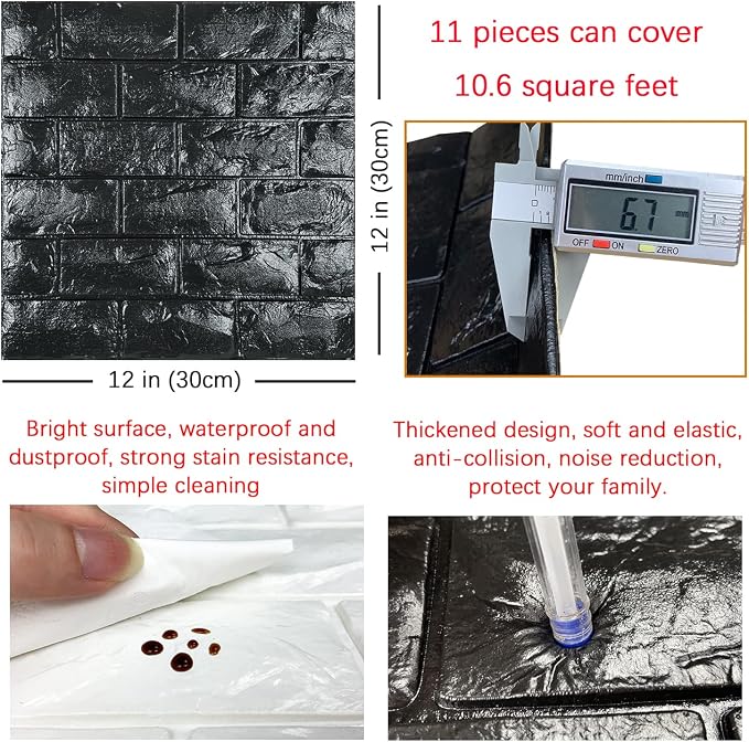 11PCS 3D Wall Panels Peel and Stick Faux Brick Wallpaper Black Self Adhesive Foam Brick Paneling Faux Stone Wall Panels (11PCS, Black) - Image 5