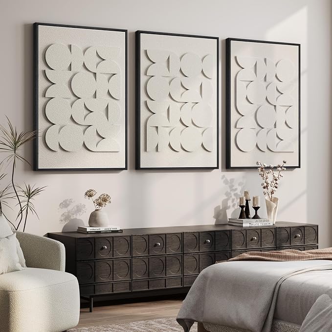 Large 3D Textured Modern White Abstract Wall Art Set, 3 Piece 24x36 In | Solid Wood Framed Artwork for Walls, Set of 3 All White Texture Paintings, Big Pictures Wall Decor Living Room Bedroom Office by Cuspin