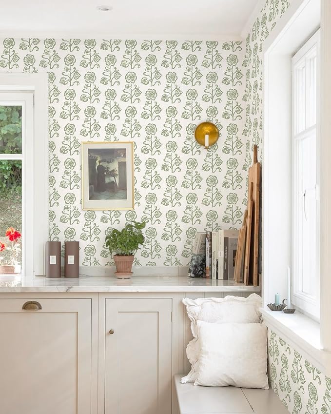 Dimoon Vintage Peel and Stick Wallpaper Sage Green Floral Contact Paper 17.3''x197'' Retro Cottage Beige Wallpaper Boho Removable Renter Friendly Embossed Wall Paper for Bathroom Bedroom Decor Vinyl - Image 8