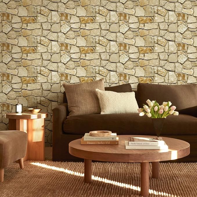 Commomy Peel and Stick Faux Stone 3D Wall Panels 12 pcs of 22.8" x 11.8" | Thin & UrltraLight PVC Rock Wall Covering for Bedroom,Living Room,Home Office Interior Home Wall Decor(Covers 22.48 sq.ft) - Image 2