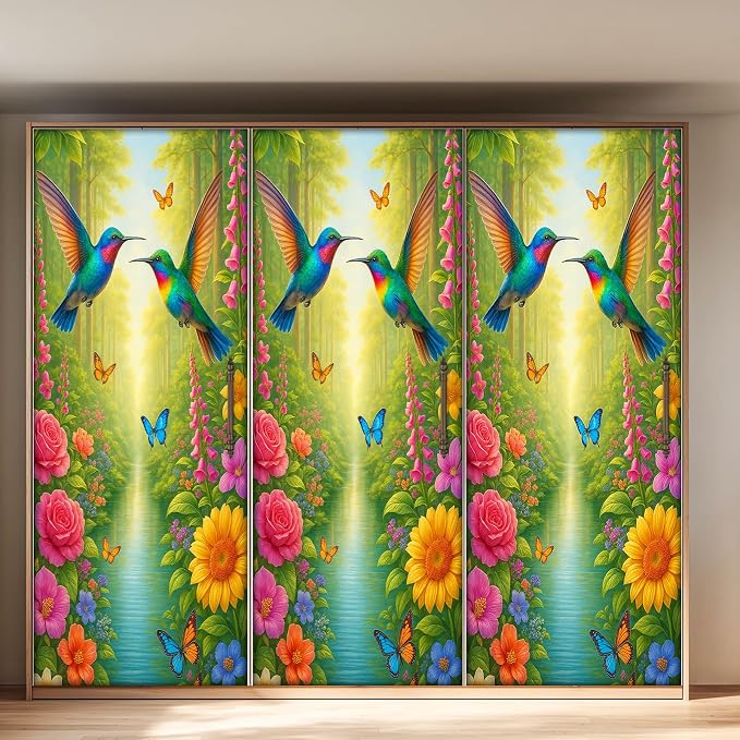 HOMETITUTE Hummingbird Flower Forest Nature Peel Stick Door 30.3x78.7 PVC | Wall Cover Poster Decals Removable Wallpaper Self Adhesive Livingroom Bedroom - Flower Forest - Image 5