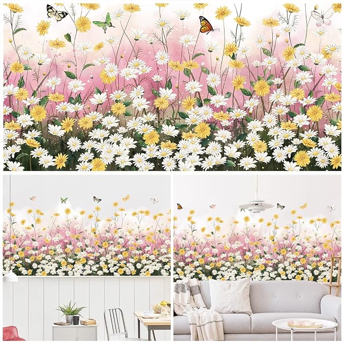 2 Sheets Yellow Daisies Flowers Wall Decals Small Fresh White Chrysanthemum Wall Stickers Pink Gypsophila Wall Art Murals for Baby Kids Girls Bedroom Living Room Corners Skirting Lines Waist Lines - Image 3