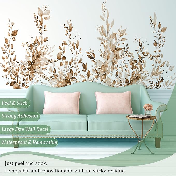 Brown Plants Leaves Wall Decals Peel and Stick, Large Floral Flowers Vinyl Wall Stickers, Removable Vine Home Decor Art for Bedroom Living Room Classroom Office - Image 3
