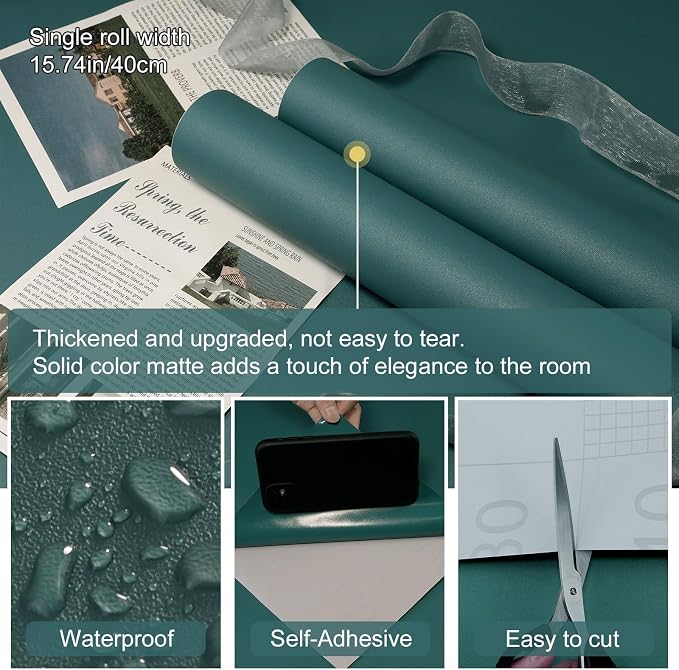 SOON AFTER Teal Peel and Stick Wallpaper Matte Teal Contact Paper Self Adhesive Waterproof Vinyl Roll for Wall Coverings,Cabinets,Countertops,Bedroom 15.7"x118" - Image 2