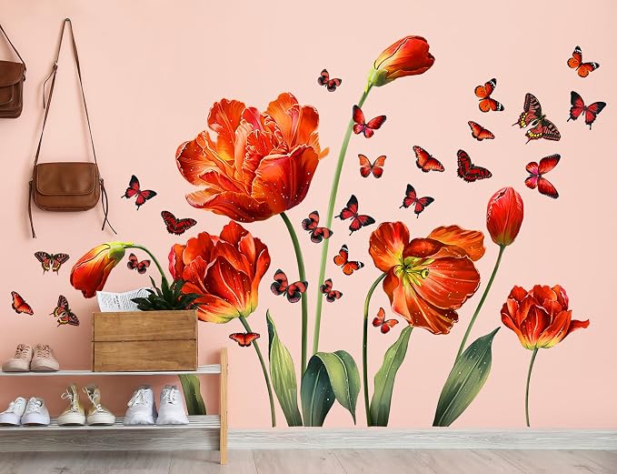LiveGallery Large Pink Red Flowers Wall Stickers Removable Floral and Butterfly Wall Decal DIY Tulips and Green Leaf Vine Wall Decor for Kids Teens Girls Women Bedroom Nursery Living Room Decoration by LiveGallery
