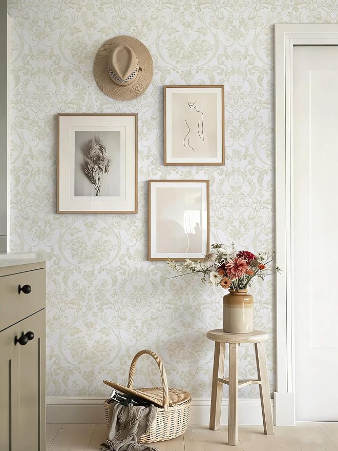 Peel and Stick Wallpaper for Bedroom Beige and White Damask Waterproof - Image 2