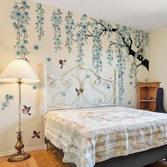 Lilac 4 Sheets Large Blue Cherry Blossom Tree Wall Stickers | Spring Blue Flower Bird Wall Decals Waterproof Wall Murals Decor for Living Room Bedroom (Blue, 11.8 * 35.4inch) - Image 8