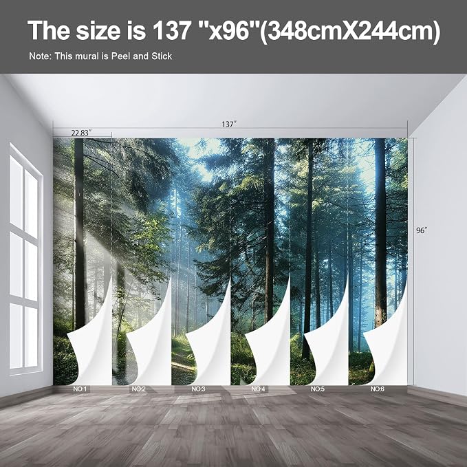 Forest Landscape Large wall murals Woodland Tree Peel and Stick self Adhesive Wallpaper for Bedroom Living Room - 96"x137" - Image 2