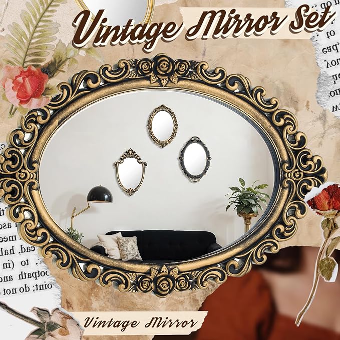 Beeveer 3 Style Vintage Mirrors Set Decorative Oval Wall Mirror Small Antique Mirrored Tray Decorative Hanging Mirror for Bathroom Bedroom Jewelry Organizer Victorian Decor (Shield,Antique Gold) - Image 6