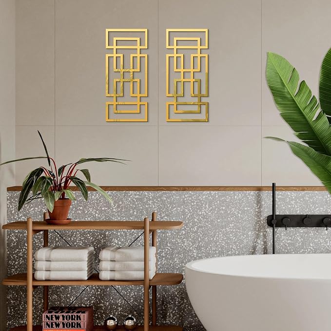 2 Piece Gold Rectangular Wall Mirrors, 15.7×7 Inch Geometric Wooden Frame Acrylic Wall-Mounted Modern Mirror Decor for Bathroom Bedroom Living Room Office Farmhouse Home Decorations - Image 5