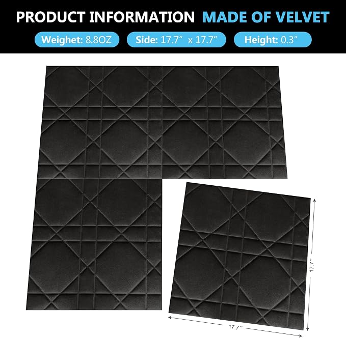 Velvet 3d wall panels for Interior wall Decor peel and stick, Soundproof Geometric Textured 3d Wall Panels for Living Room, Bedroom, TV Background Black 17.7" x 17.7", Covers 26.15 Sq.Ft. 12pcs - Image 4