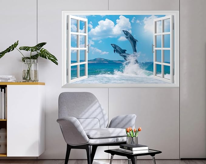 FLFK Fake Window Wall Mural - Ocean Dolphins Faux Window Wall Sticker for Wall Decor, Stick and Peel Wall Decals,48"x32",Set of 2 Sheets - Image 3