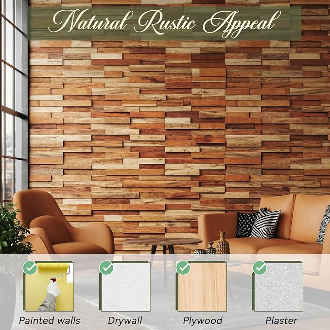 Kathfly 8 Pcs Wood Wall Panels, Reclaimed Real Teak Wood 3D Panels for Interior Accent Wall, Mosaic Paneling Tiles, Natural DIY Decor for Living Room, Bedroom, Office, Covers 7.68 Sq ft - Image 6