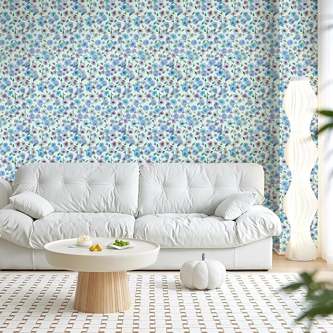 Blue Purple Watercolor Floral Peel and Stick Wallpaper, 17.3" x 118" Soft Pastel Flower Removable Vinyl Wallpaper, Waterproof Self-Adhesive Vintage Floral Contact Paper for Nursery Bedroom Cabinets - Image 7
