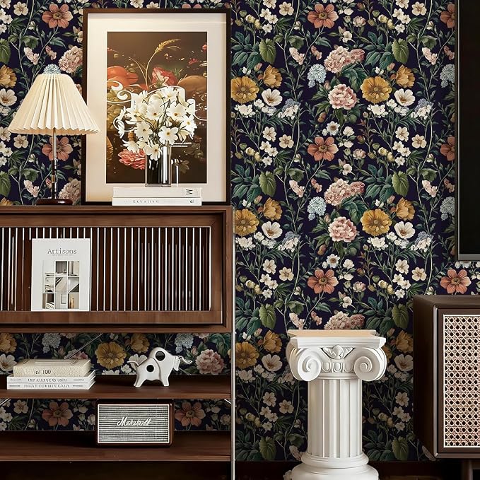 Livebor Floral Peel and Stick Wallpaper Floral Contact Paper 16.9"x393.7" | Dark Flower Wallpaper Neutral Boho Self Adhesive Removable Wall Paper for Cabinets Bathroom Waterproof Decorative Vinyl - Image 9