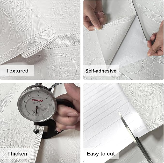 JiffDiff White 3D Embossed Textured Peel Stick Wallpaper 17.3"x800" | Removable Renter Friendly Contact Paper, Waterproof Self Adhesive Wallpaper for Bedroom, Bathroom, Decor,96 sq. - Image 8
