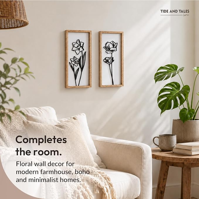 3D Black and White Wall Art (Set of 2) Lightweight, Wooden Ready-to-Hang Framed Floral Wall Art for Bathroom, Bedroom, Living Room or Office – Boho Botanical Farmhouse Decor – Gift-Boxed - Image 8