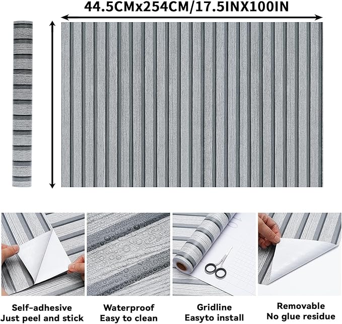 Peel and Stick Wood Slat Wall Panels - 17.5" x 100" Gray Self-Adhesive Wallpaper Roll, 3D Textured Accent Wall Decor for Bedroom, Living Room, Office, Easy DIY Removable Covering - Image 2