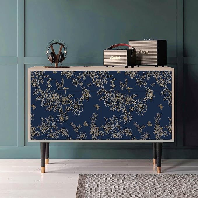Froluya Dark Blue Peel and Stick Wallpaper Vintage Floral 17.7in×196.8in | Navy Blue and Gold Floral Self Adhesive Wall Paper Dark Birds Removable Decorative Contact Paper for Bathroom Cabinets Vinyl - Image 9