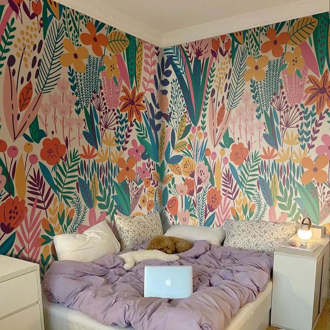 Colorful Floral Peel and Stick Wall Mural for Bedroom | 92"x125", Large Urban Funky Wallpaper, Removable Leather Textured & Water-Resistant, Hallway Old Wall Makeover - Image 9