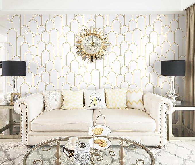 Yasinet Peel and Stick Wallpaper White and Gold Wallpaper Modern Geometric Contact Paper White/Gold Stripe Self Adhesive Wall Paper Decorative for Wall Bedroom 17.3''x393.7'' - Image 8