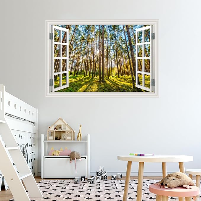 Fake Window Wall Decal- Morning Sunlight in The Forest Open Wall Sticker | Faux Window Natural Scenery Landscape Mural｜ Stick and Peel Decals｜for Home Room Bedroom Office Scene Picture Decor｜24"x16" - Image 8