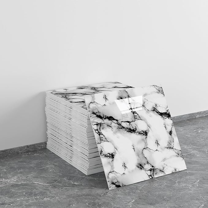 20pcs Ink White Marble Peel and Stick Shower Wall Panels 11.8"x11.8" | (Total 19.4 Sq.Ft.) Waterproof,Backsplash Tile,Stick on Wall,for Bathroom,Bedroom,Kitchen,Entryway by LVSHI