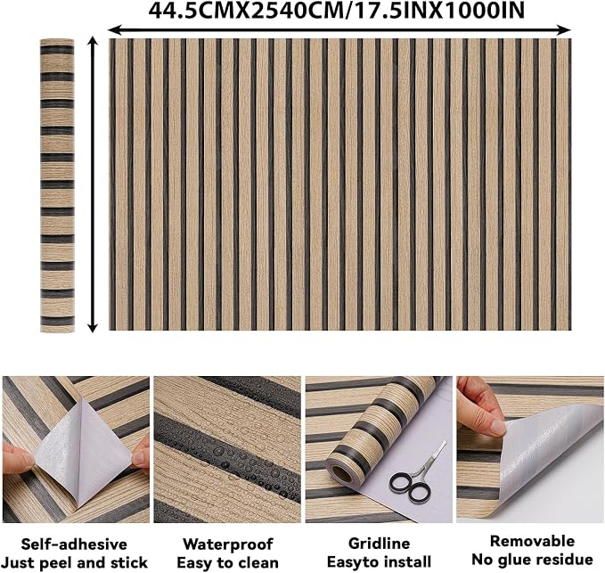 Peel and Stick Wood Slat Wallpaper - 17.5" x 1000" Self-Adhesive Wood Panel for Walls Easy DIY Wall Decor Brown Faux Wood Contact Paper Removable Wall Covering for Bedroom, Living Room, Office - Image 2