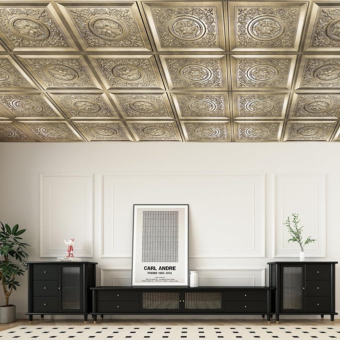 WOWSTAR 12-Pack 24"x24" Drop Ceiling Tiles, Vintage Style Waterproof Glue up Ceiling Panels Decor, Antique Gold | PVC ceiling panels, 24"x24", waterproof, glue-up install, basement kitchen bathroom, 12-pack, set B - Image 3