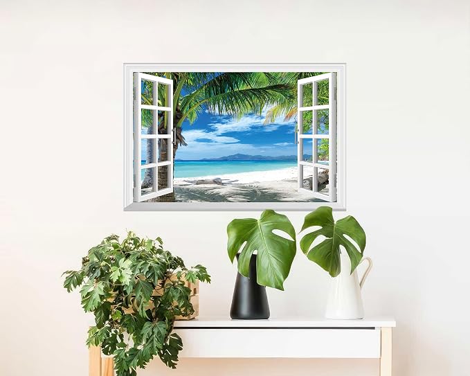FLFK Fake Window Wall Sticker - Beach Palm Trees Faux Window Wall Mural for Wall Decor, Stick and Peel Wall Decals,24"x16" - Image 5