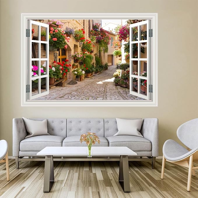Fake Window Wall Decals Spring Italy Rose Alley Flower Wall Art Sticker | ｜Faux Window Natural Scenery Landscape Mural ｜ Stick and Peel Wall Decal｜Room Bedroom Office Decor｜Large Murals 66"x48" - Image 8