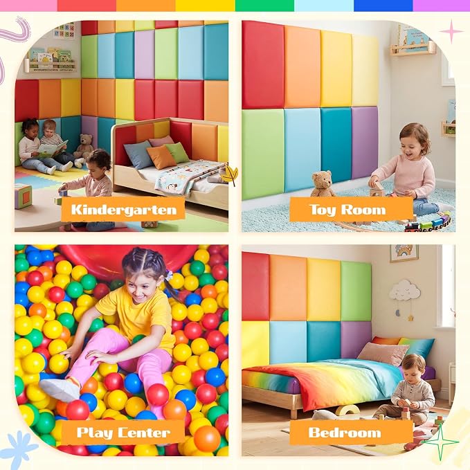 Hahafelt 8 Pack Wall Padding for Playroom Peel and Stick Headboard 19.69" x 11.81" x 1.18" 3D Anti Collision Upholstered Wall Panels Self Adhesive Headboard Panel for Protection(Rainbow Colors) - Image 5