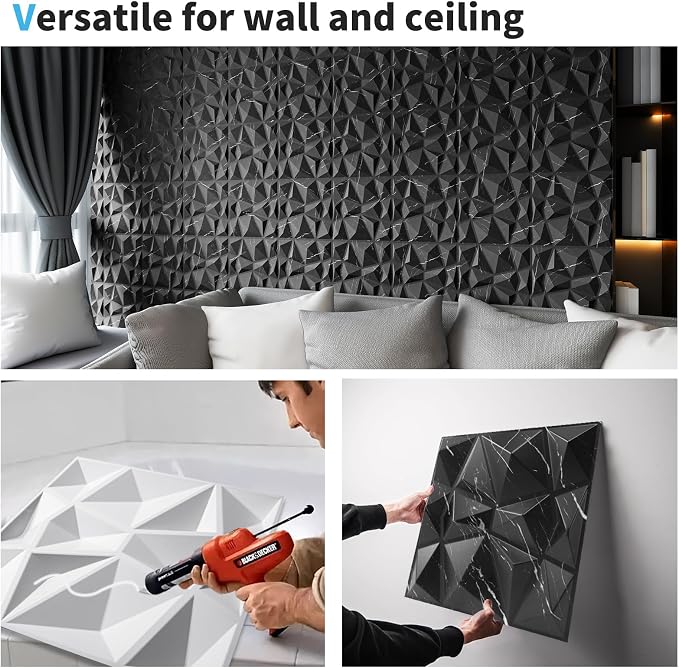 Art3d A10315BM 3D Diamond Design Paneling for Interior Decor, Living Room, TV Wall Background, Bedroom, Gaming Setup, 11.8" x 11.8", Black Marble, 33 Pack - Image 8