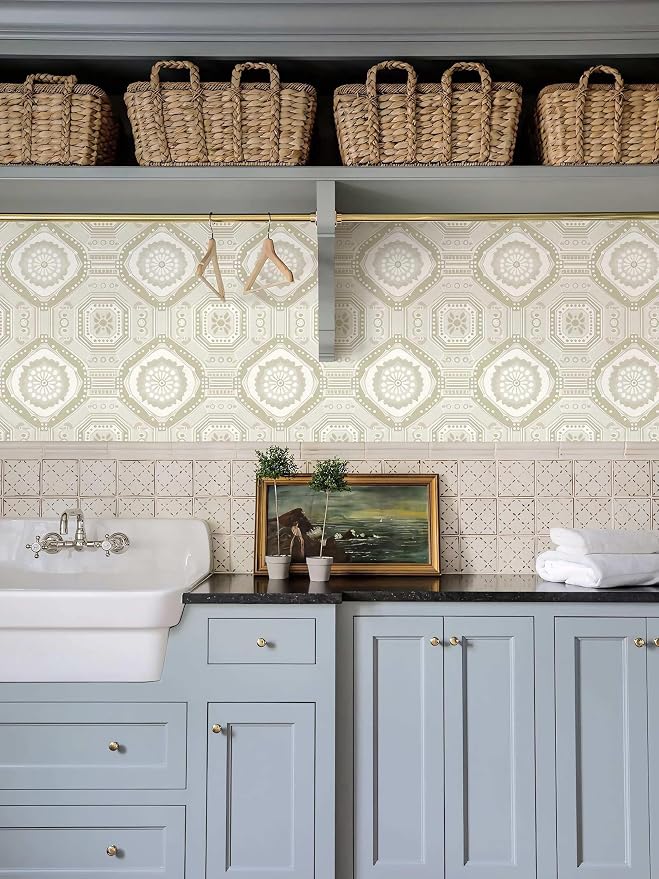 Neutral Vintage Wallpaper Tile Botanical Peel and Stick Wallpaper | Beige geometric floral tile seamless print, Removable waterproof vinyl wall covering, bedroom accent wall decor - Image 6