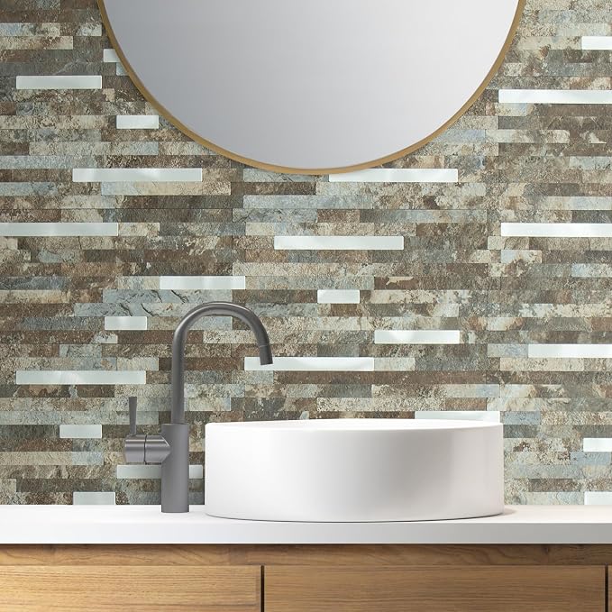 AULIGET 2 Sheets Beige & Brown Slate Peel and Stick Backsplash, PVC Mixed Metal Silver Wall Tile Stick on Backsplash for Kitchen and Bathroom - Image 4