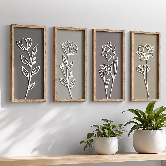 Tide and Tales 3d Framed Wall Art, Set of 4, Floral Boho Wall Decor | 7" x 16", Lightweight, Wooden, Ready-to-Hang Wall Decor for Living Room, Bathroom, Bedroom or Office, Botanical Farmhouse by TideandTales