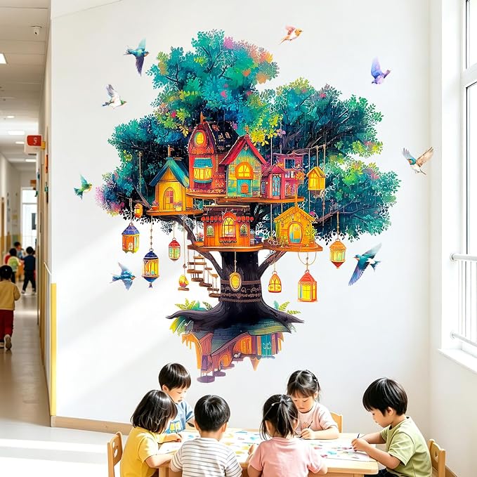 Magical Tree House Village Wall Decals Lanterns Birds Kids Nursery Decor | Peel and Stick Branches Wall Stickers & Murals, Removable Vinyl Home Decor Art for Bedroom Living Room Classroom Office - Image 5