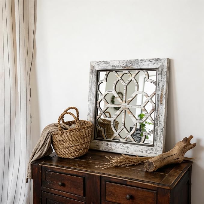 Set of 2 14 Inch Square Grey Window Pane Wall Mirrors, Shatterproof Rustic Farmhouse Boho Vintage Accent Mirrors for Living Room Bedroom Bathroom Entryway - Image 3
