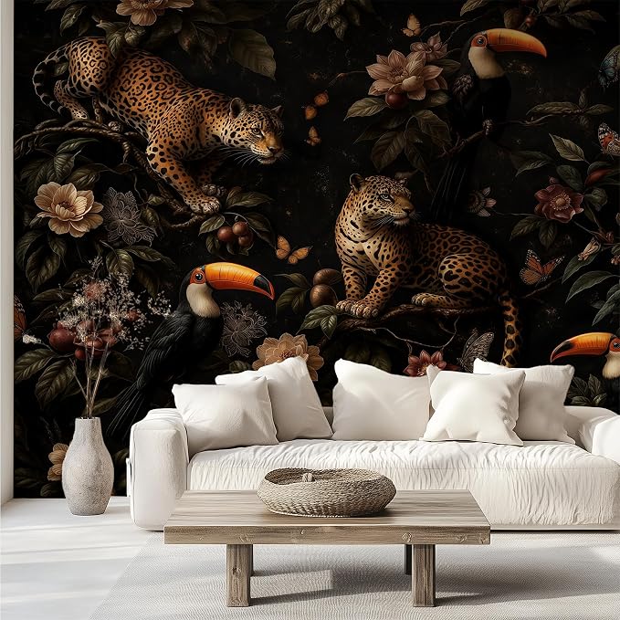 Dark Tropical Jungle Leopard Peel and Stick Wall Mural, Canvas Wallpaper | Large Removable Jungle Mural with Leopard, Toucan and Tropical Flowers for Living Room, Bedroom or Accent Wall Decor - Image 4